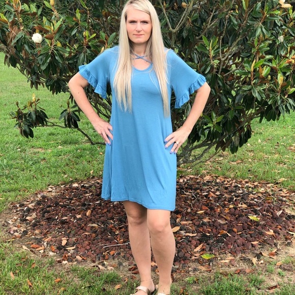 Blue criss cross neckline dress ruffle sleeve - Picture 2 of 2